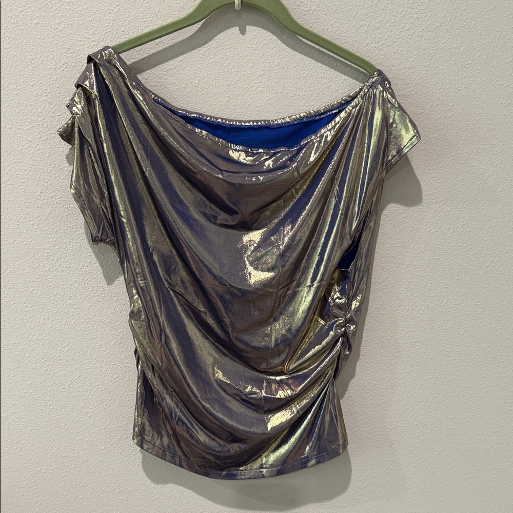 Shimmery Silver Drape Neck Women's Blouse